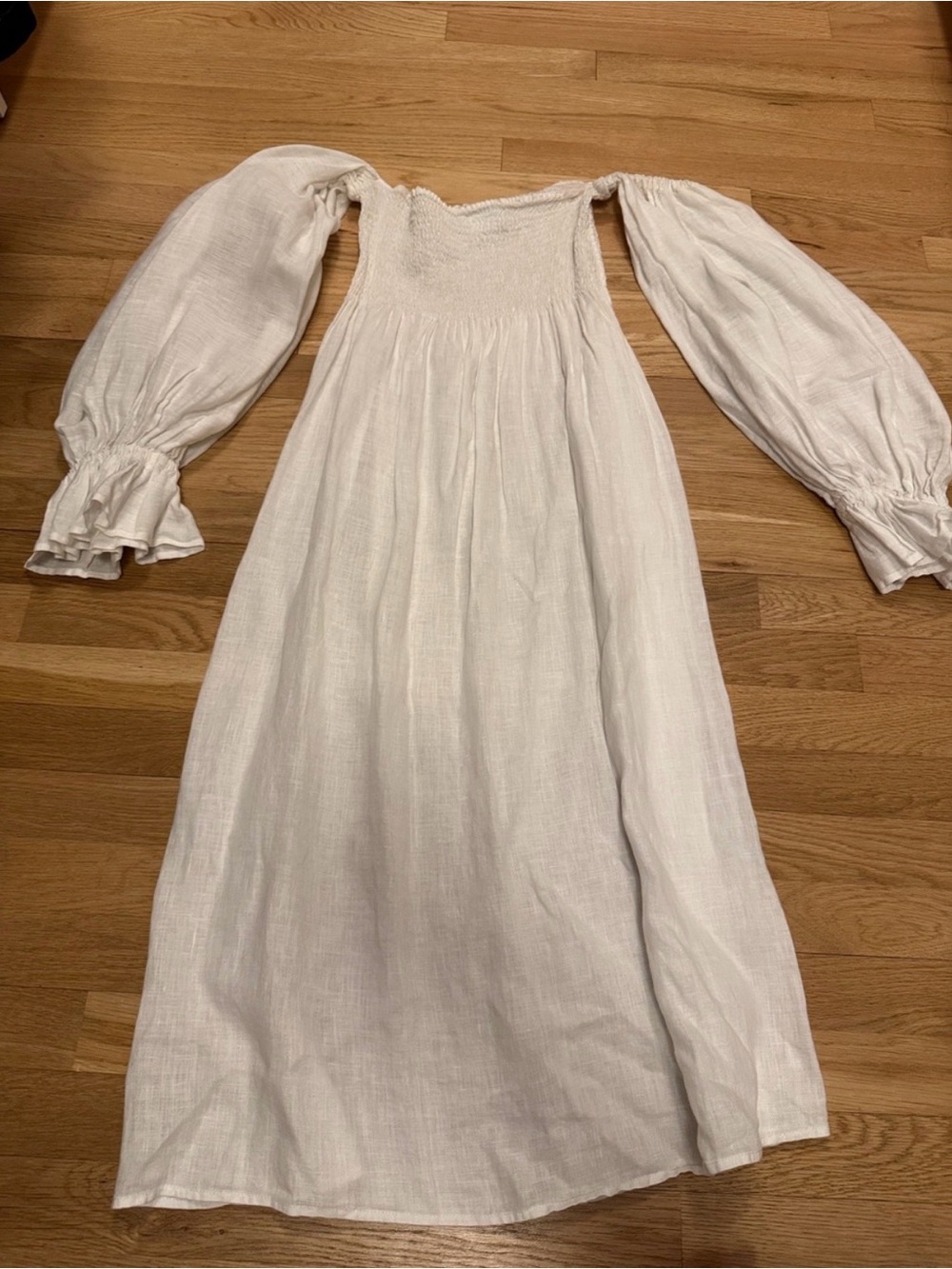 Sleeper White Off-Shoulder Smocked Maxi Dress with Balloon Sleeves